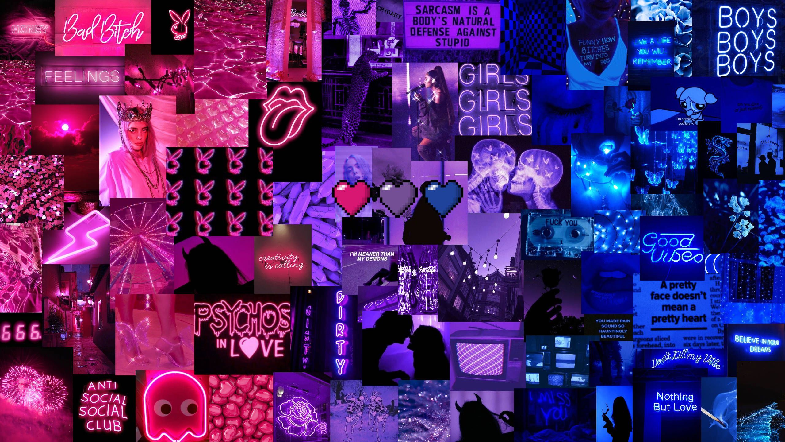 Collage, Pink, Blau, Ästhetik, Neonschilder, Herzen, 2K, Hintergrundbild für den PC