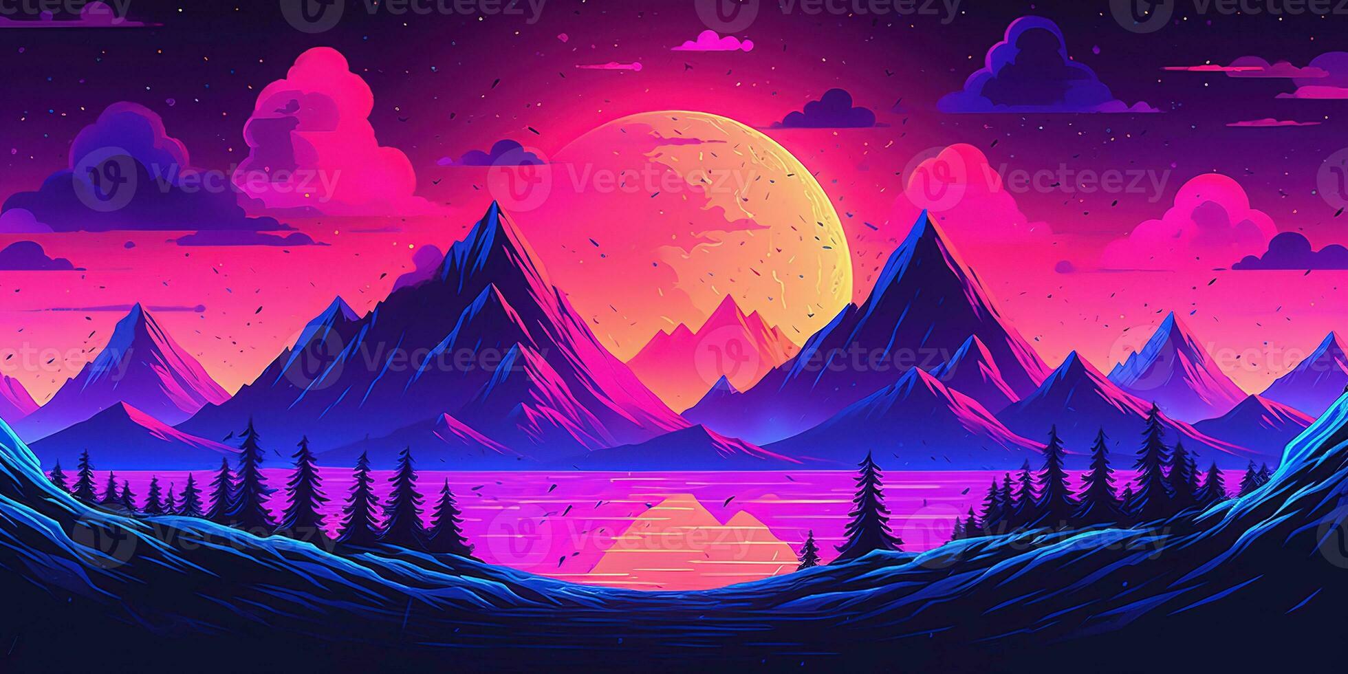Berge, Sonnenuntergang, Pink, Lila, Synthwave, Illustration, Full HD, Laptop-Hintergrundbild