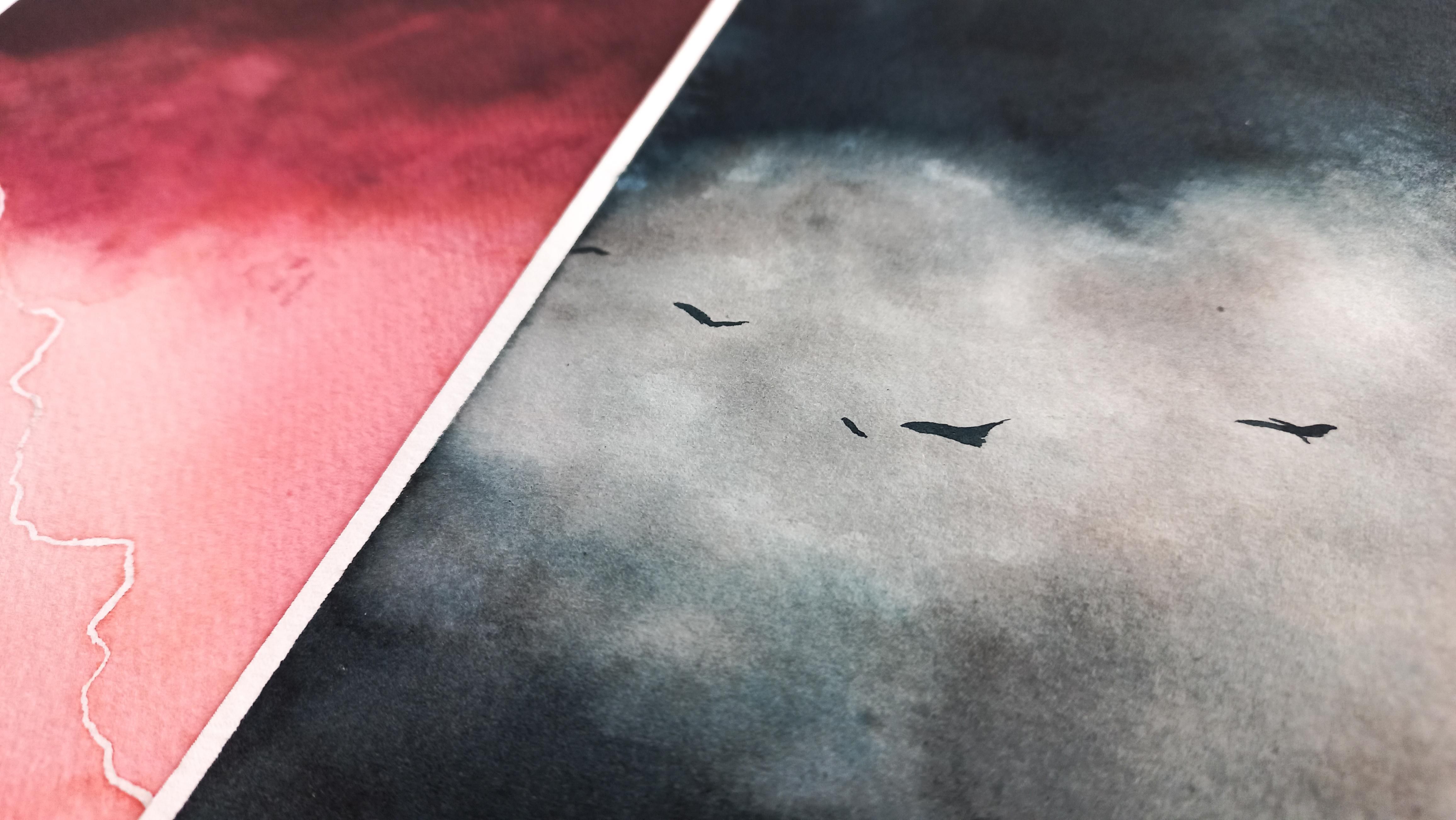 Vögel, Wolken, Rosa, Aquarell, Collage, 16:9, 4K-Hintergrundbild für den Desktop