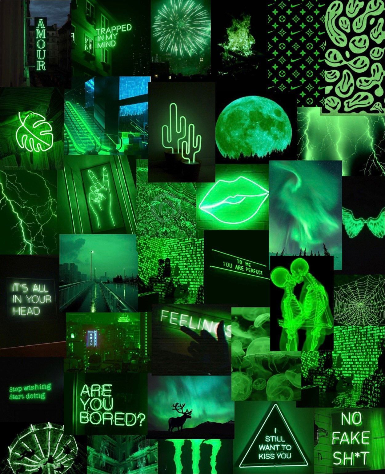 Collage, Neongrün, Monster Energy, No fake shit, Dunkle Ästhetik, Full HD, iPad-Hintergrundbild