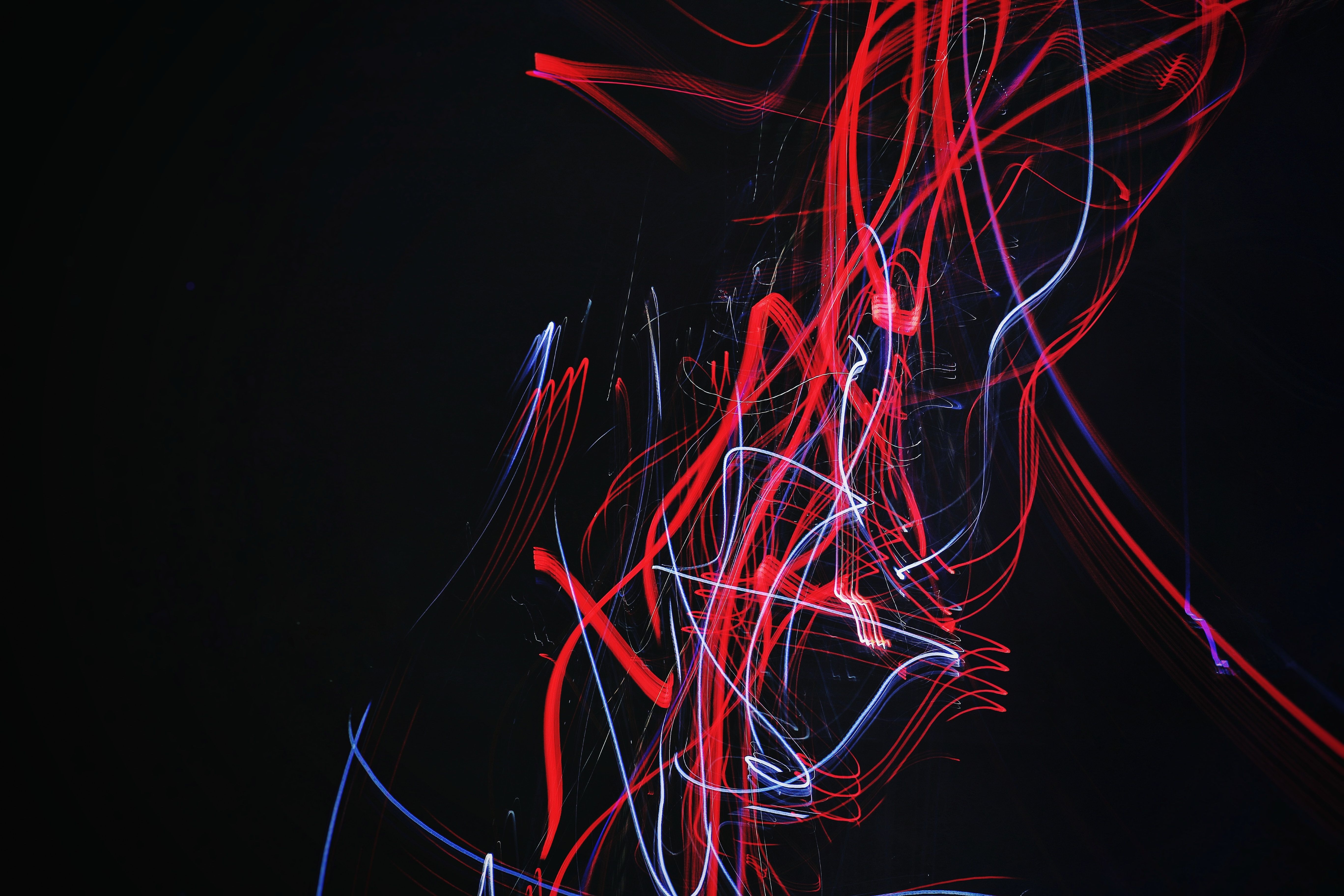 Lichtstreifen, Rot, Lichtmalerei, Schwarzer Hintergrund, Abstrakt, 5K Wallpaper