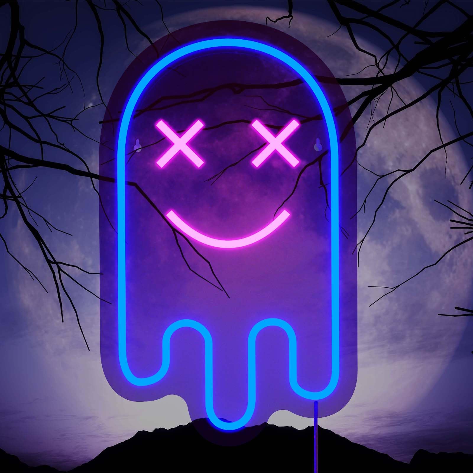 Geist, Smiley, Neonschild, Blau, Mond, Nacht, HD, Hintergrundbild fürs Tablet