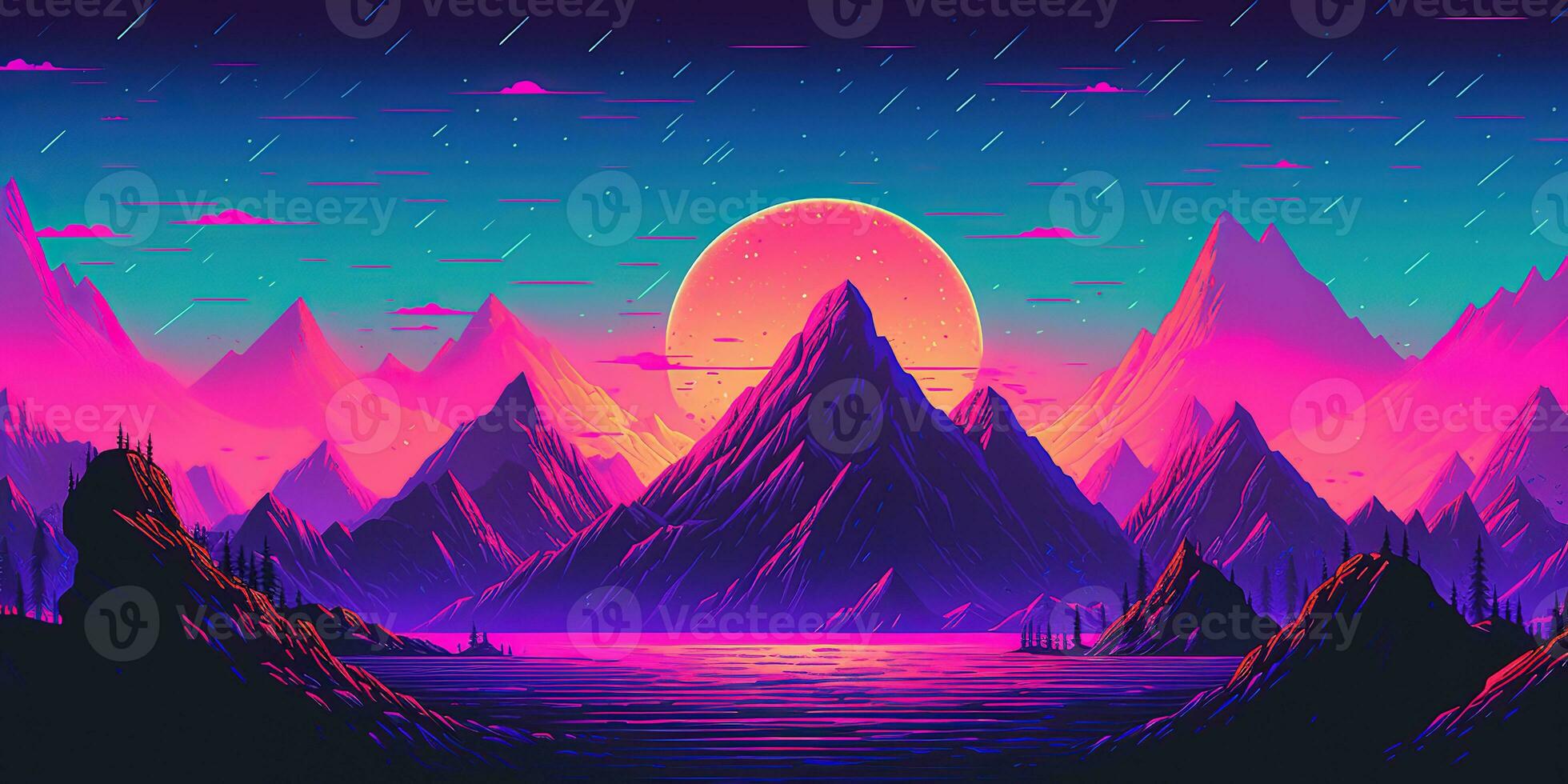 Berge, Sonne, See, Synthwave, Pink, Illustration, Full HD, Desktop-Hintergrund für Windows