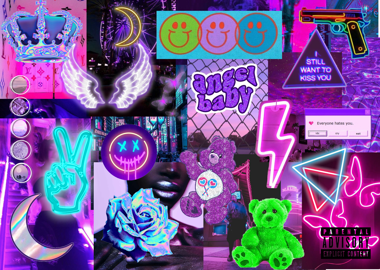 Collage, Smileys, Teddybär, Krone, Lila, Aesthetic, HD, Hintergrundbild für den PC
