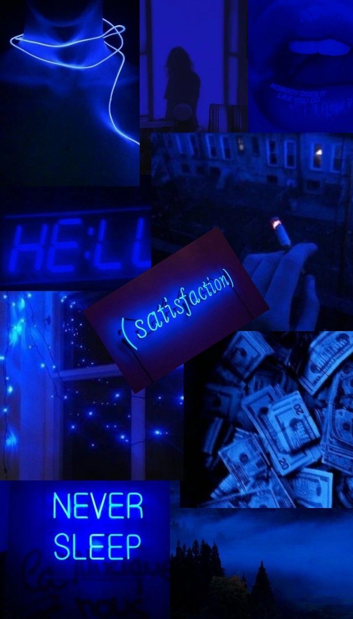 Never Sleep, Collage, Blau, Aesthetic, Neonschrift, HD, Hintergrundbild fürs Handy