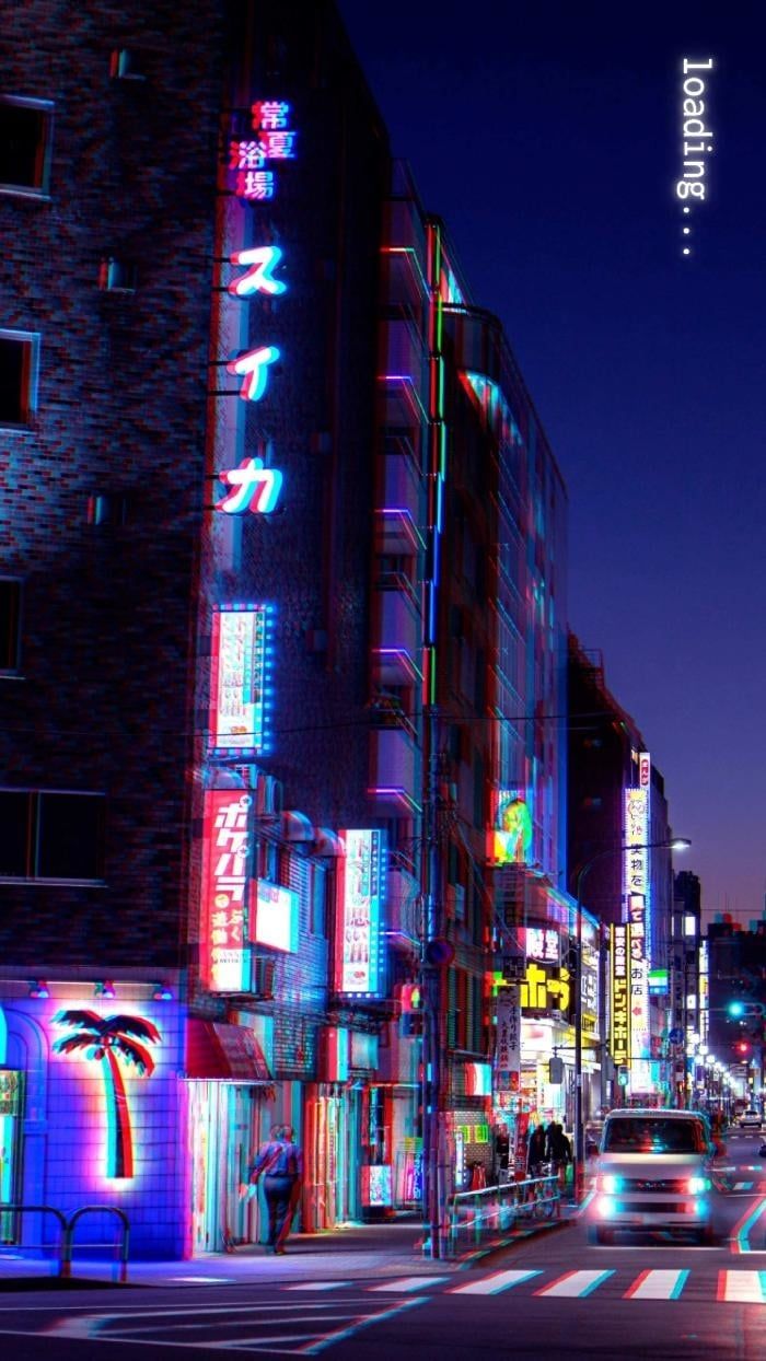 Straße, Nacht, Japanische Schrift, Palme, Leuchtreklamen, Blau, Android-Hintergrundbild