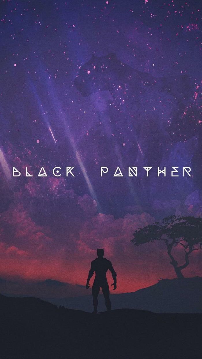 Black Panther, Schriftzug, Silhouette, Sternenhimmel, Sonnenuntergang, Violett, Handy-Hintergrund