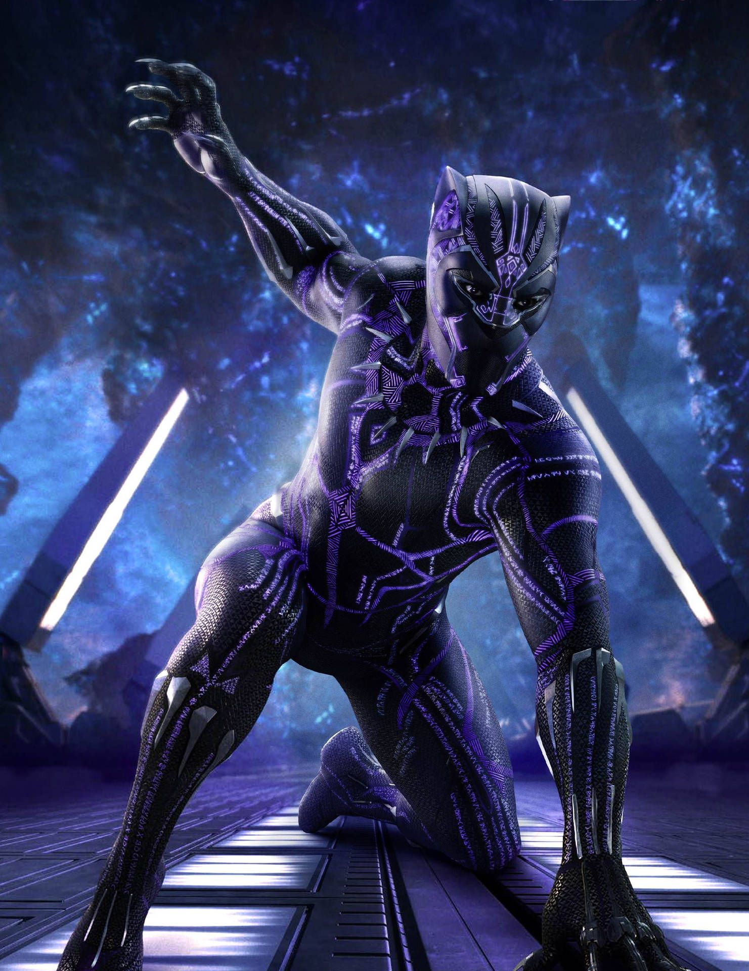 Black Panther, T'Challa, Marvel, Kampfpose, Weltraum, Violettes Licht, QHD+, iPad-Hintergrundbild