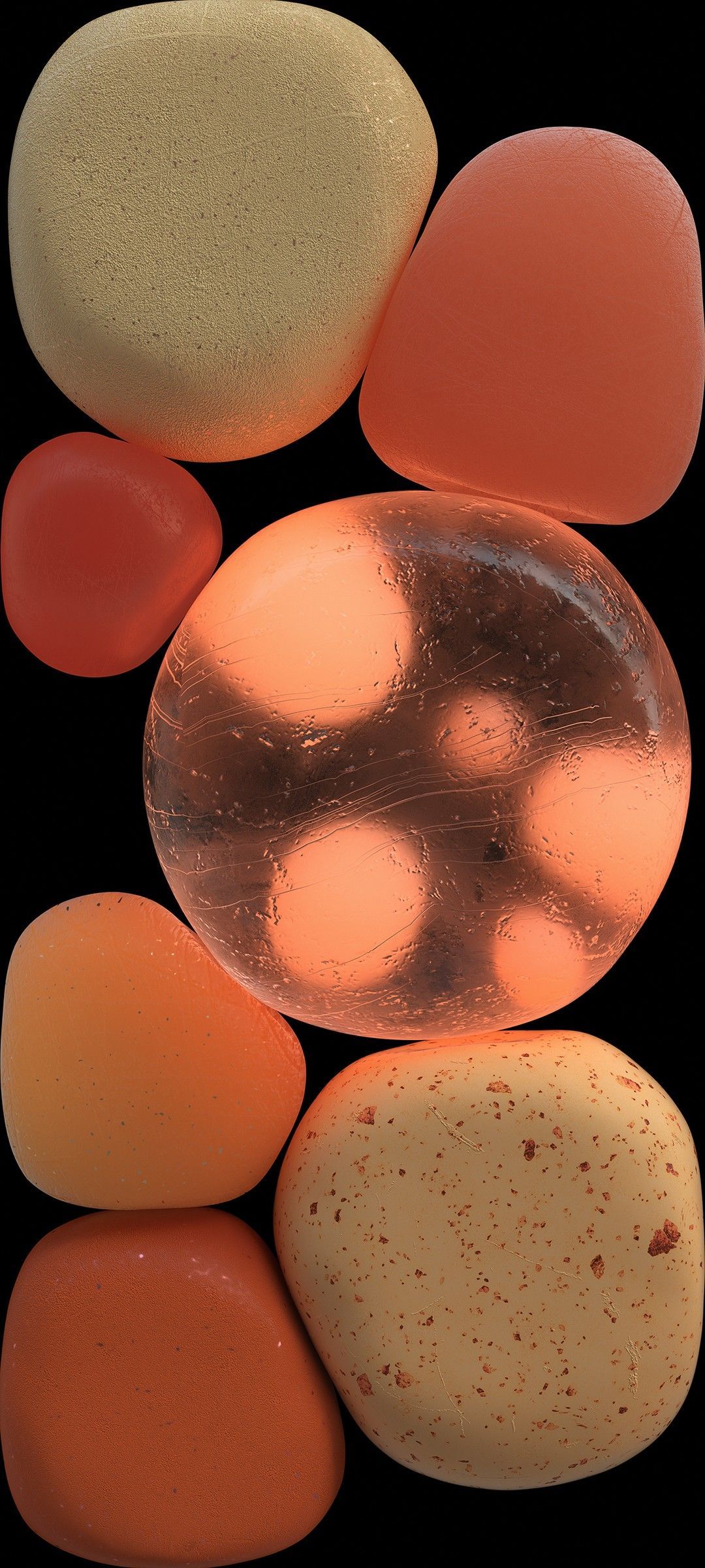 Kieselsteine, 3D, Orange Töne, Schwarzer Hintergrund, Glas, Sperrbildschirm fürs iPhone