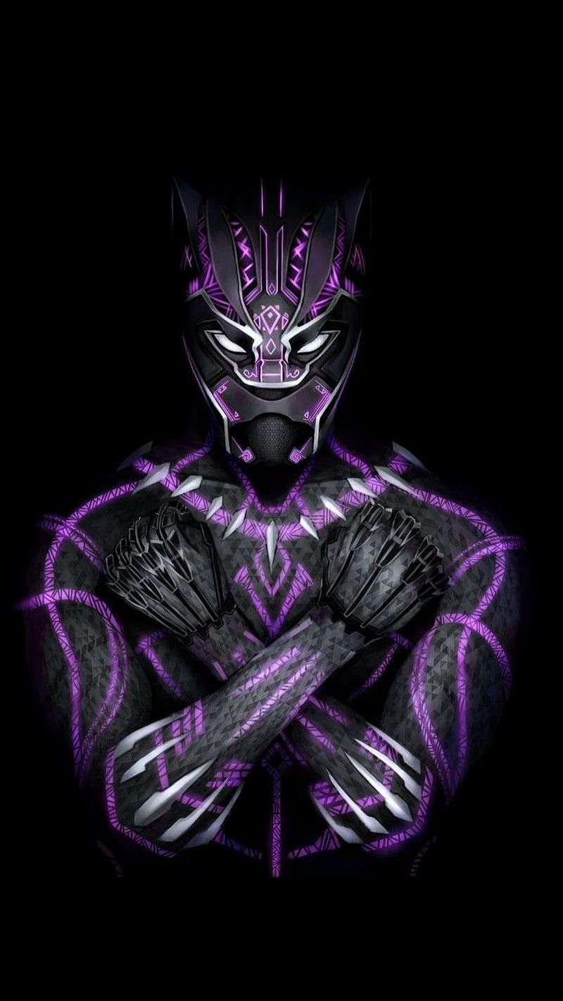 Black Panther, Wakanda Forever, Gekreuzte Arme, Violettes Leuchten, Schwarz, Smartphone-Hintergrund