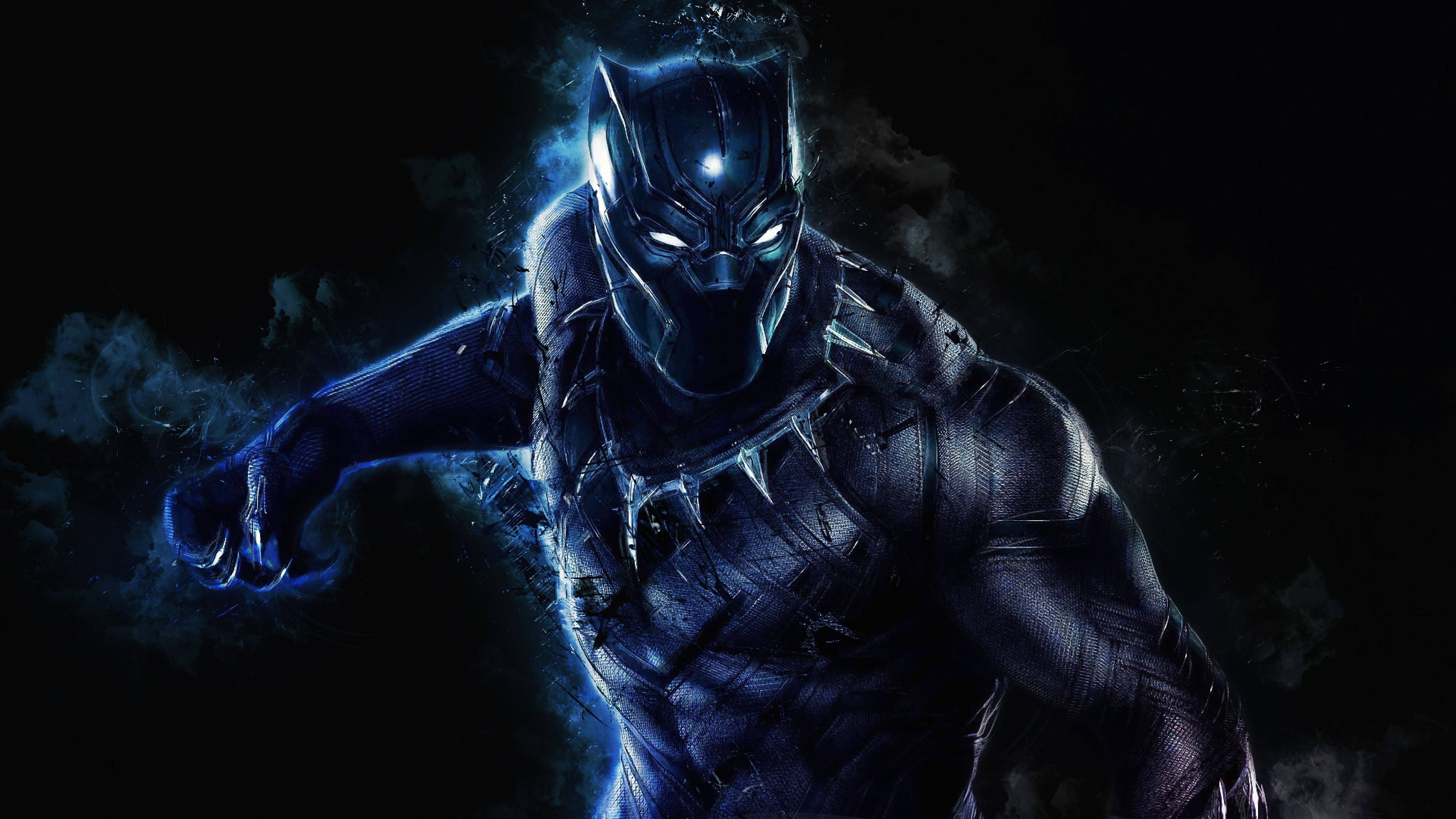 Black Panther, T'Challa, Marvel Cinematic Universe, Blaues Leuchten, Rauch, Dunkel, 8K-Hintergrund