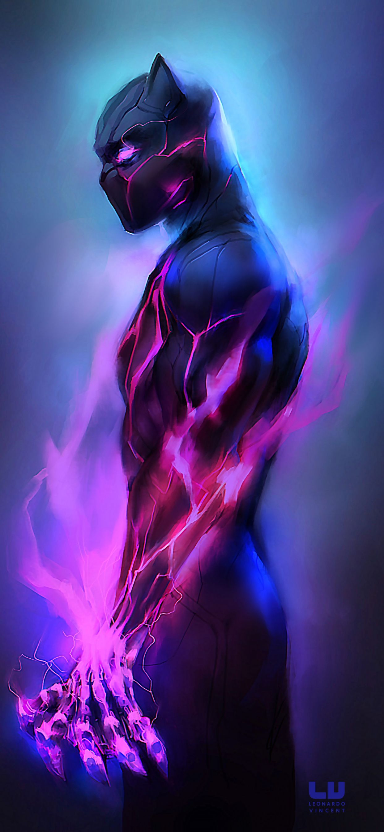 Black Panther, Profil, Digitale Kunst, Pink-Blau, Hochformat, Full HD, iPhone-Hintergrundbild