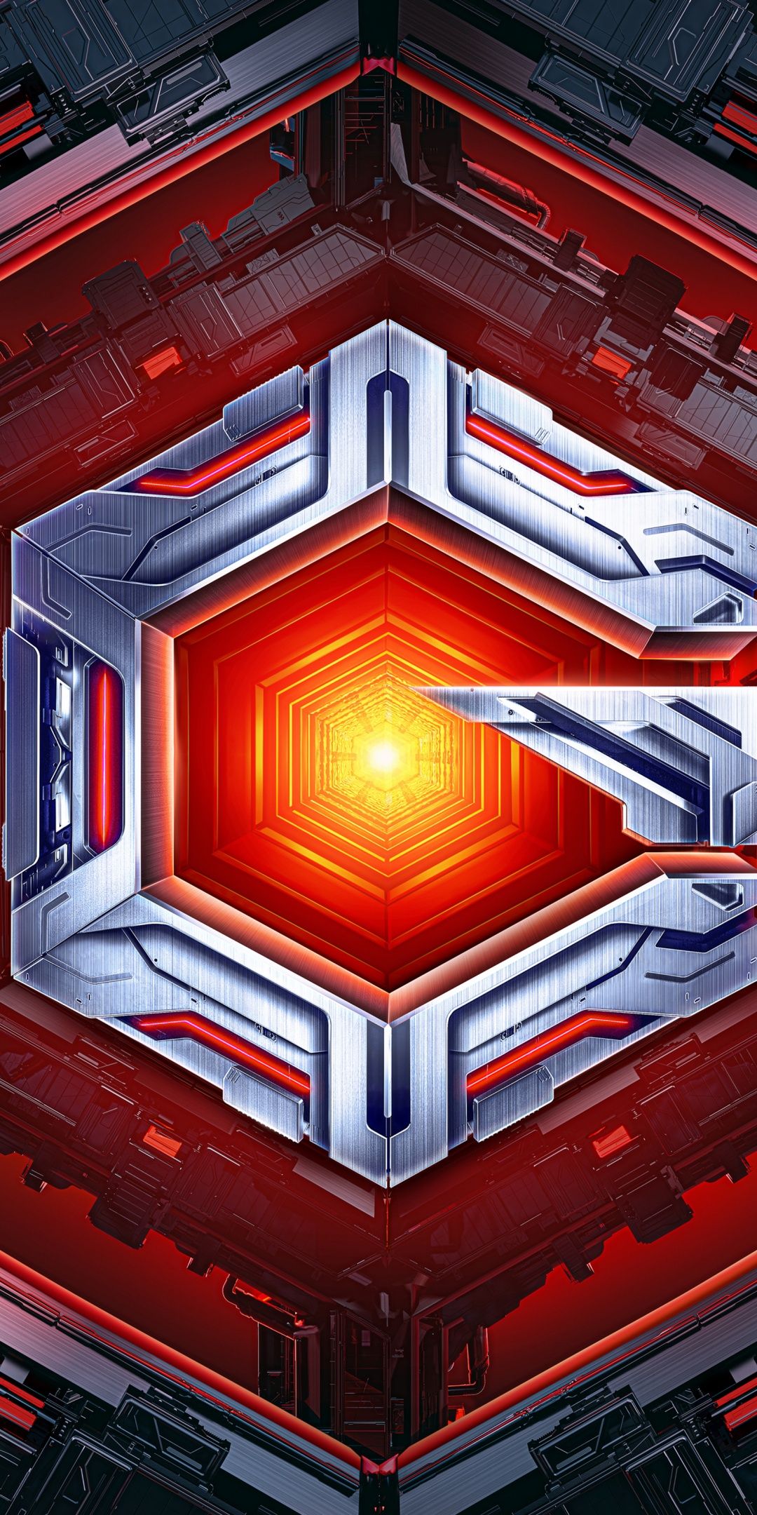 Hexagon, Sci-Fi, Rot und Silber, Leuchtender Kern, Gaming, Full HD, iPhone-Hintergrundbild