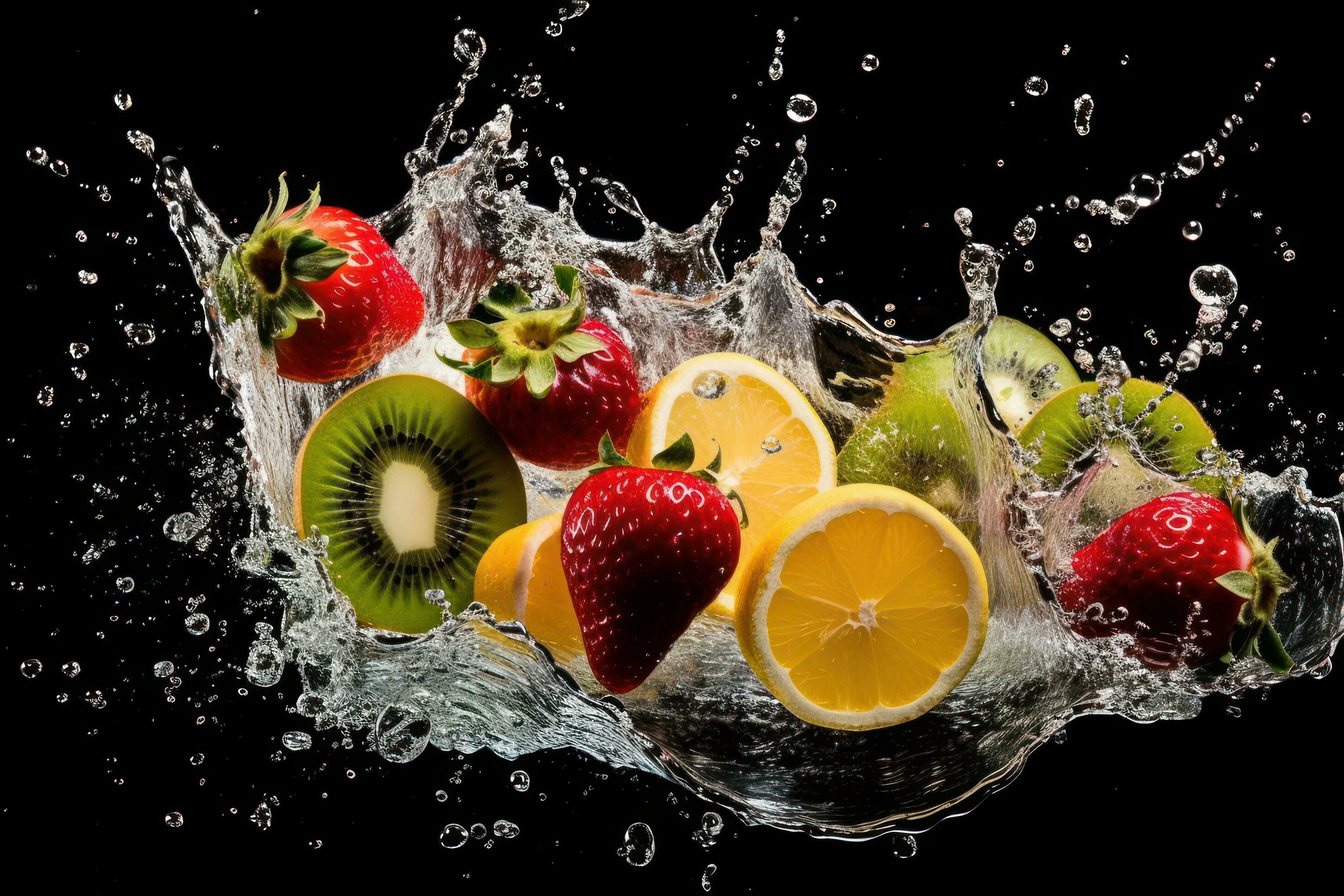 Obstmix, Wasserspritzer, Kiwi, Zitrone, Erdbeeren, Schwarzer Hintergrund, 2K Wallpaper