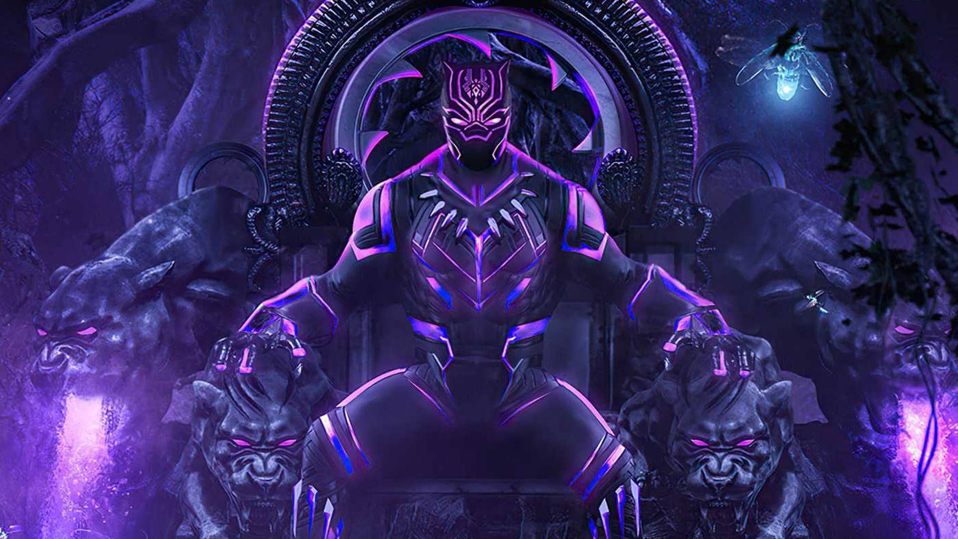 Black Panther, T'Challa, Thron, Wakanda, Panther-Statuen, Violettes Licht, Full HD, Windows-Hintergrundbild