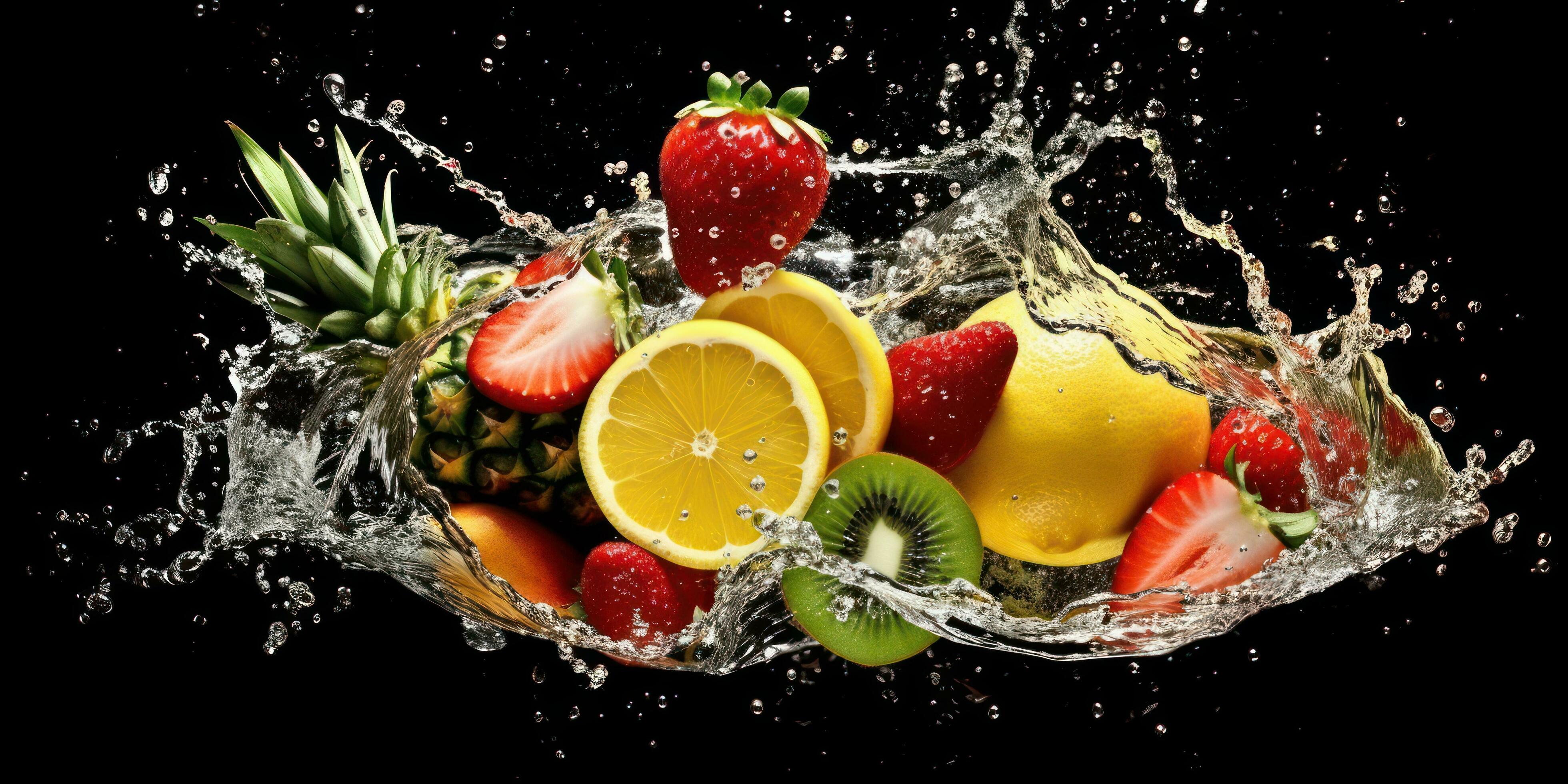 Obstmix, Wasserspritzer, Zitrone, Ananas, Kiwi, Schwarzer Hintergrund, 4K Wallpaper