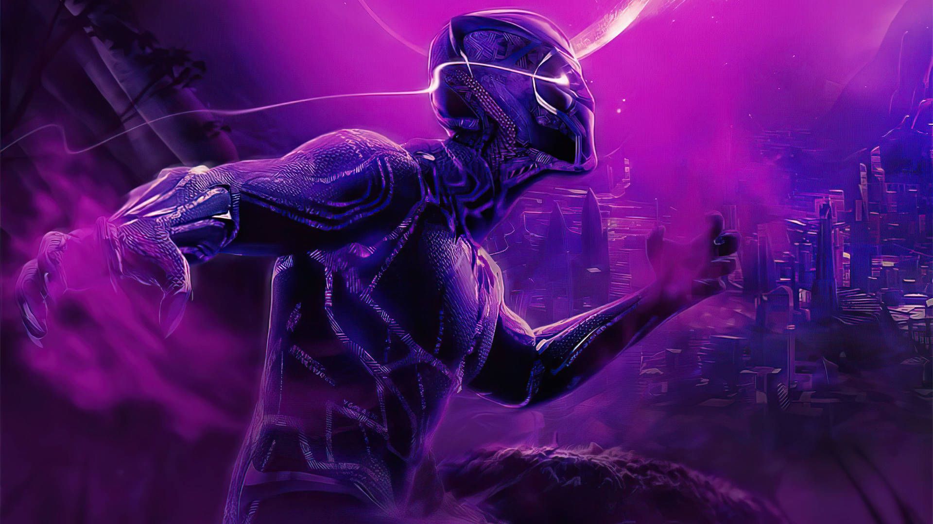 Black Panther, Marvel, Violettes Licht, Futuristische Stadt, Digitale Kunst, Full-HD-Hintergrund