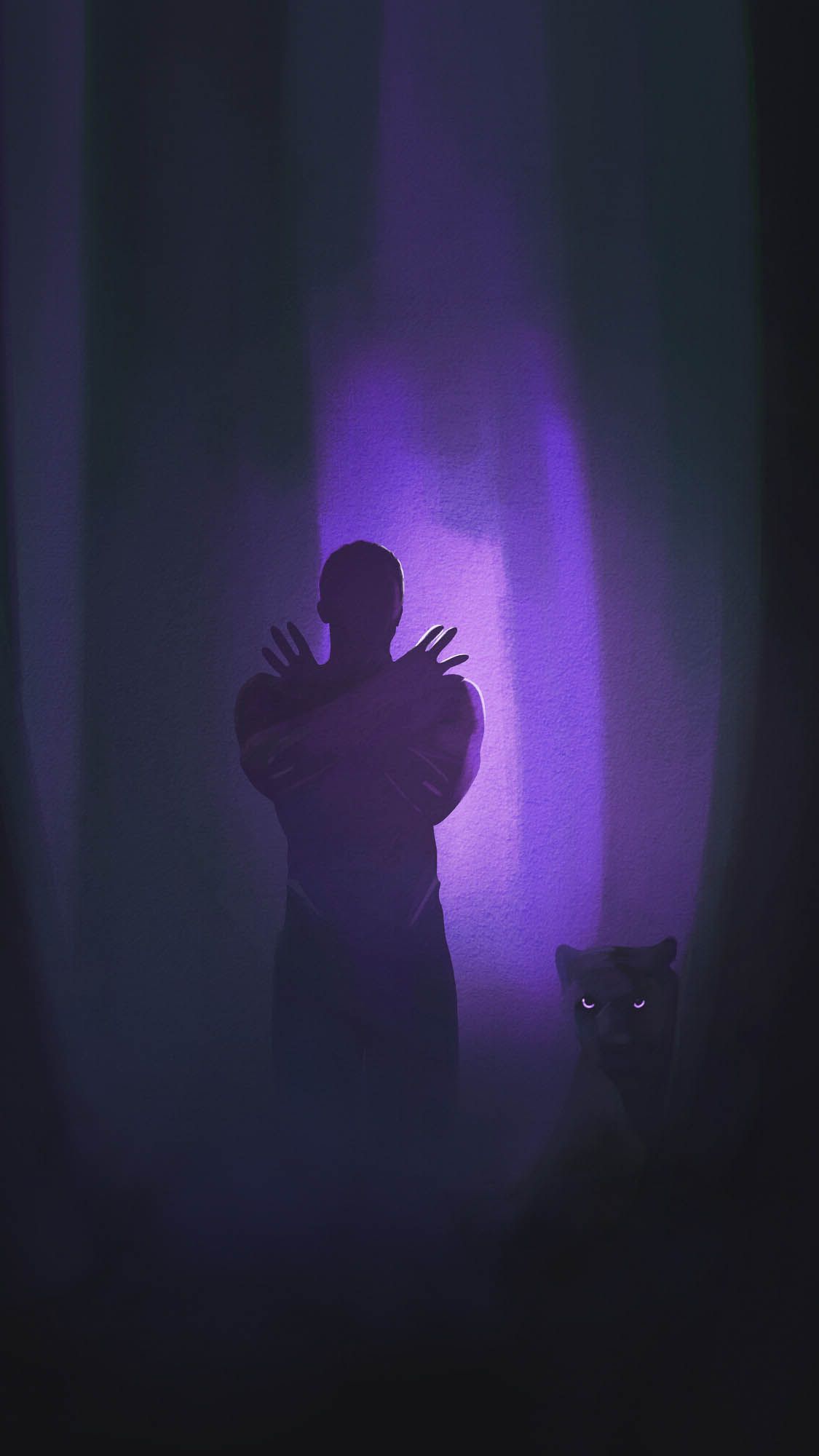 Black Panther, Silhouette, Violettes Licht, Dunkel, Hochformat, Full HD, iPhone-Hintergrundbild