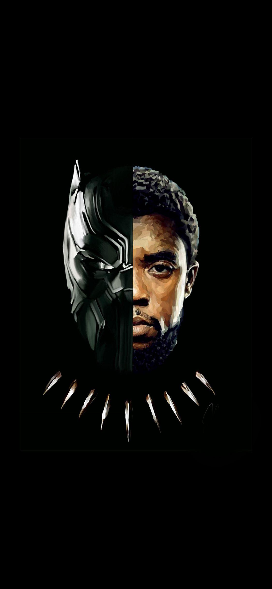 Chadwick Boseman, T'Challa, Black Panther, Halb Maske halb Gesicht, Schwarzer Hintergrund, Sperrbildschirm