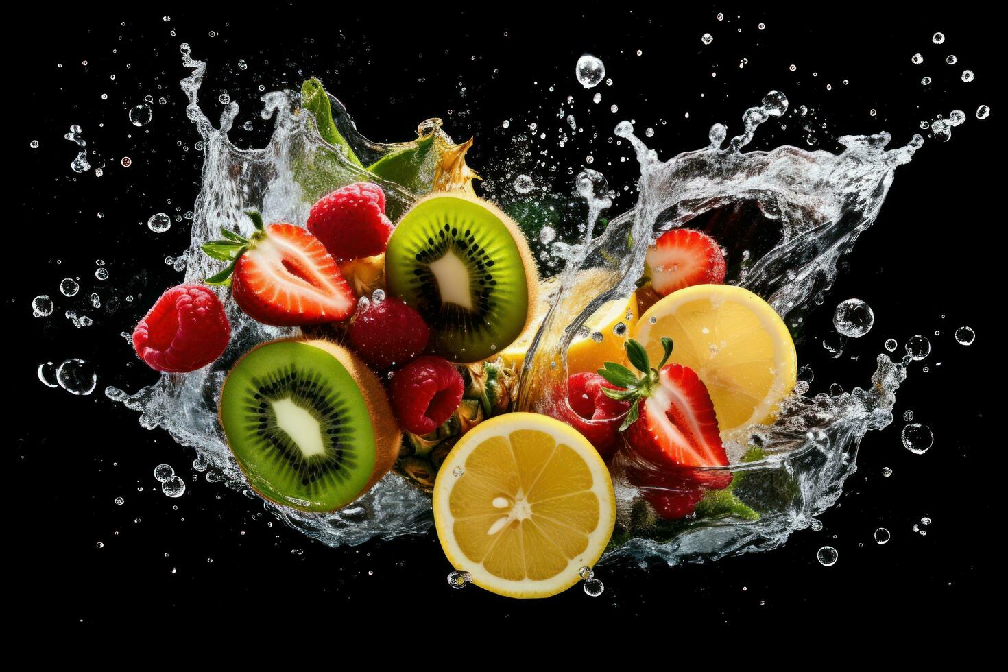 Obstmix, Wasserspritzer, Kiwi, Zitrone, Erdbeeren, Schwarzer Hintergrund, HD Wallpaper