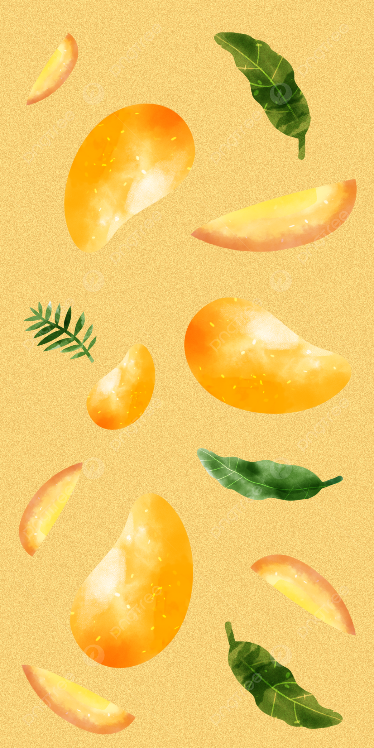 Mango, Illustration, Blätter, Gelb, Full HD, Handy-Hintergrund im Hochformat
