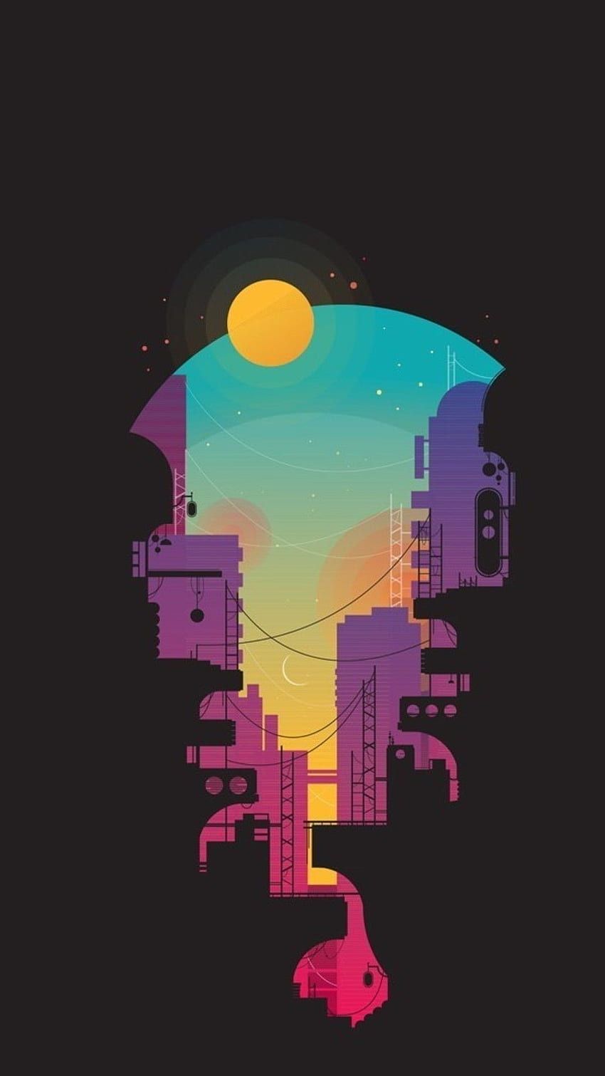 Stadt, Illustration, Sonne, Neonfarben, Dunkler Hintergrund, Sperrbildschirm fürs iPhone