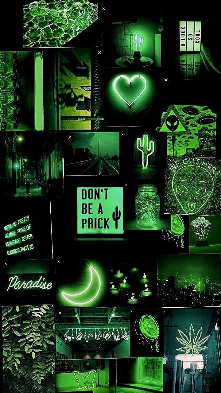 Collage, Neonherz, Dunkelgrün, Mond, Moodboard, Hochformat, Hintergrundbild fürs Smartphone