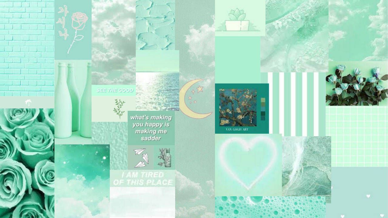 Collage, Mintgrün, Rosen, Neonherz, Mondsichel, 16:9, HD-Hintergrundbild für den Desktop