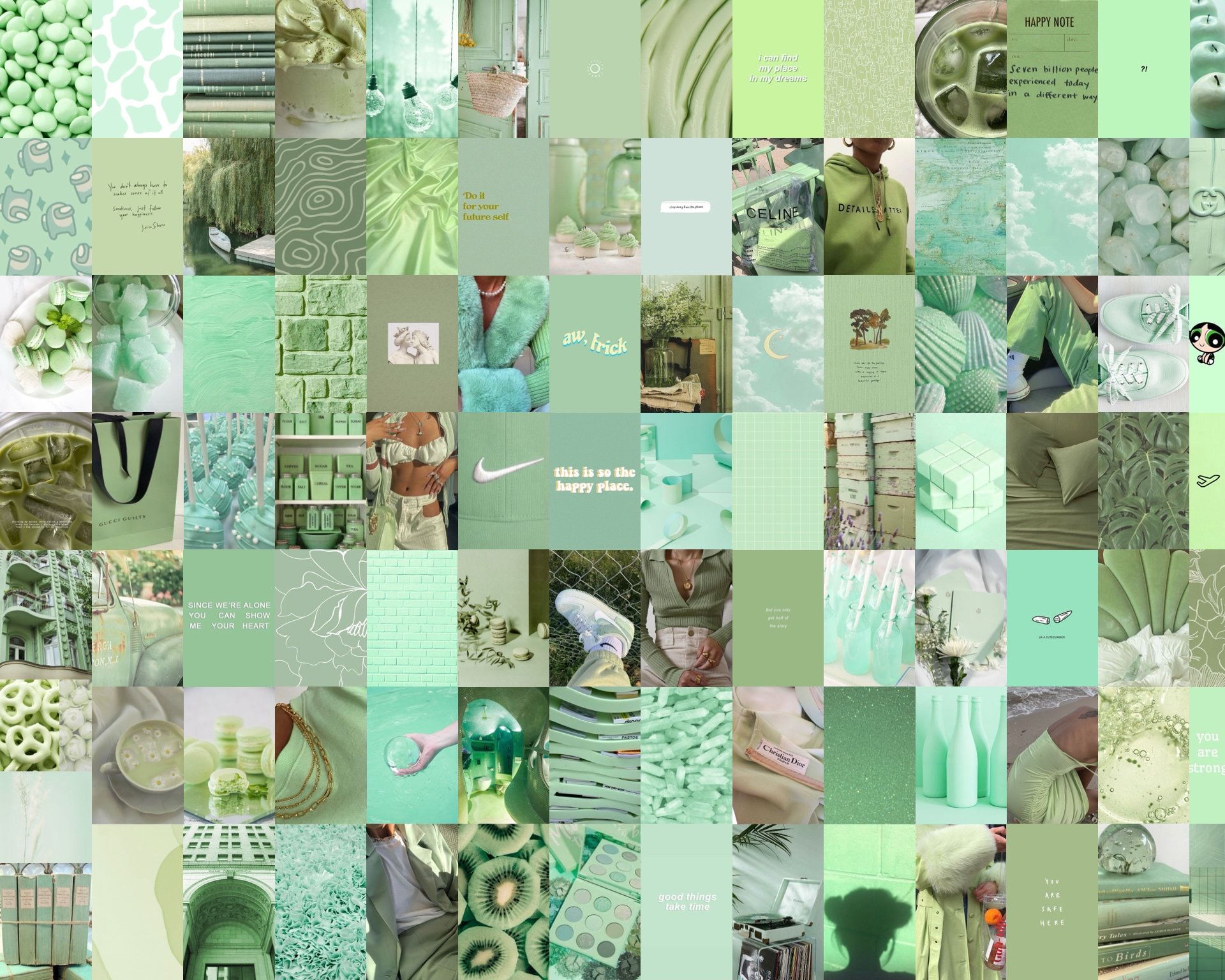 Collage, Mintgrün, Salbeigrün, Moodboard, Ästhetik, Full HD, Desktop-Hintergrund für Windows