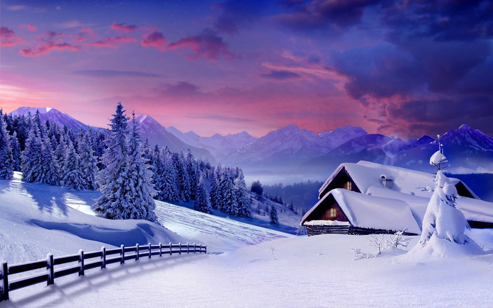Berghütte, Holzzaun, Verschneite Tannen, Abendrot, Winterlandschaft, Full HD, Desktop-Hintergrund