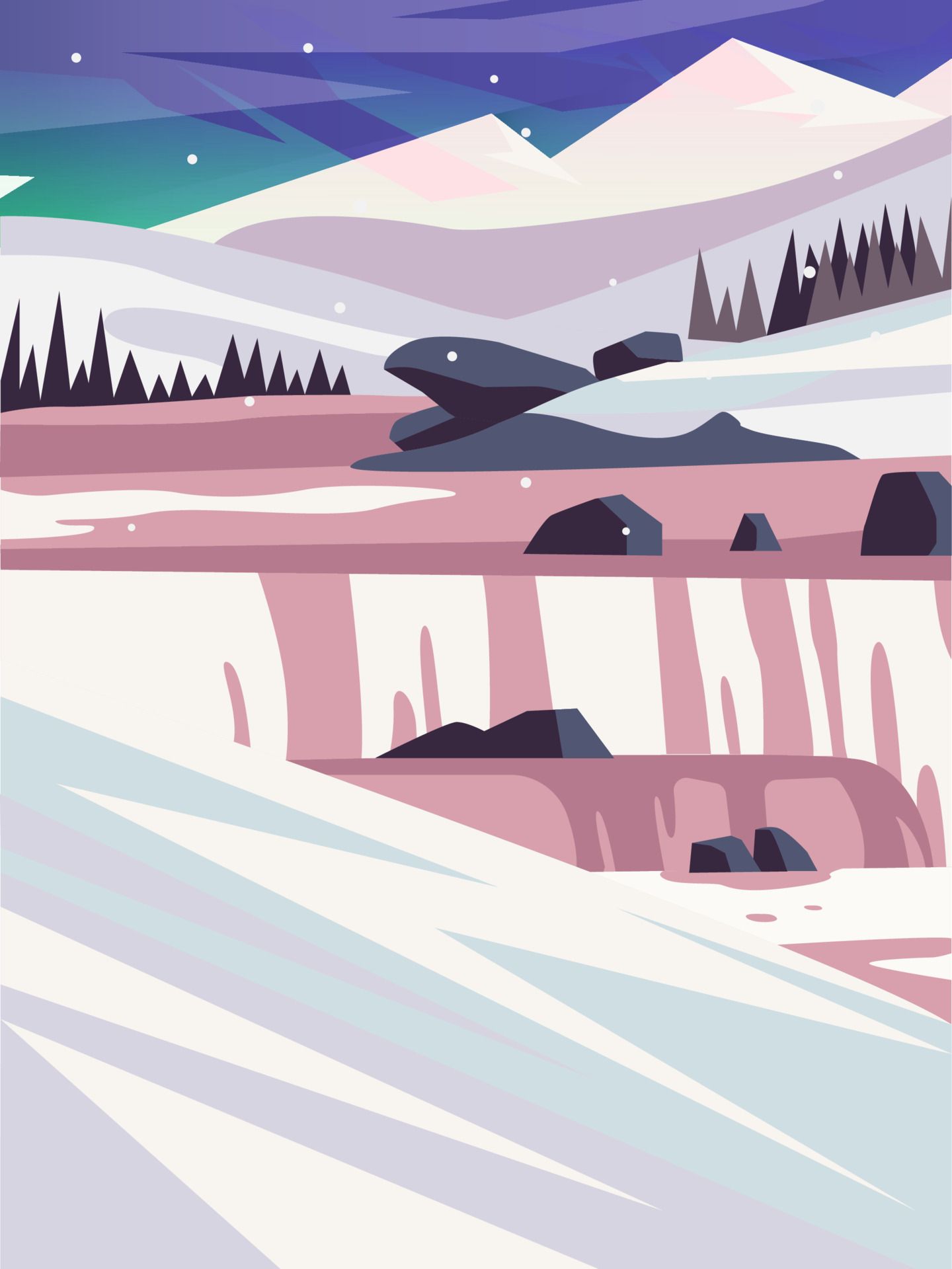 Illustration, Verschneite Berge, Flaches Design, Pastellfarben, QHD+, Tablet-Hintergrund
