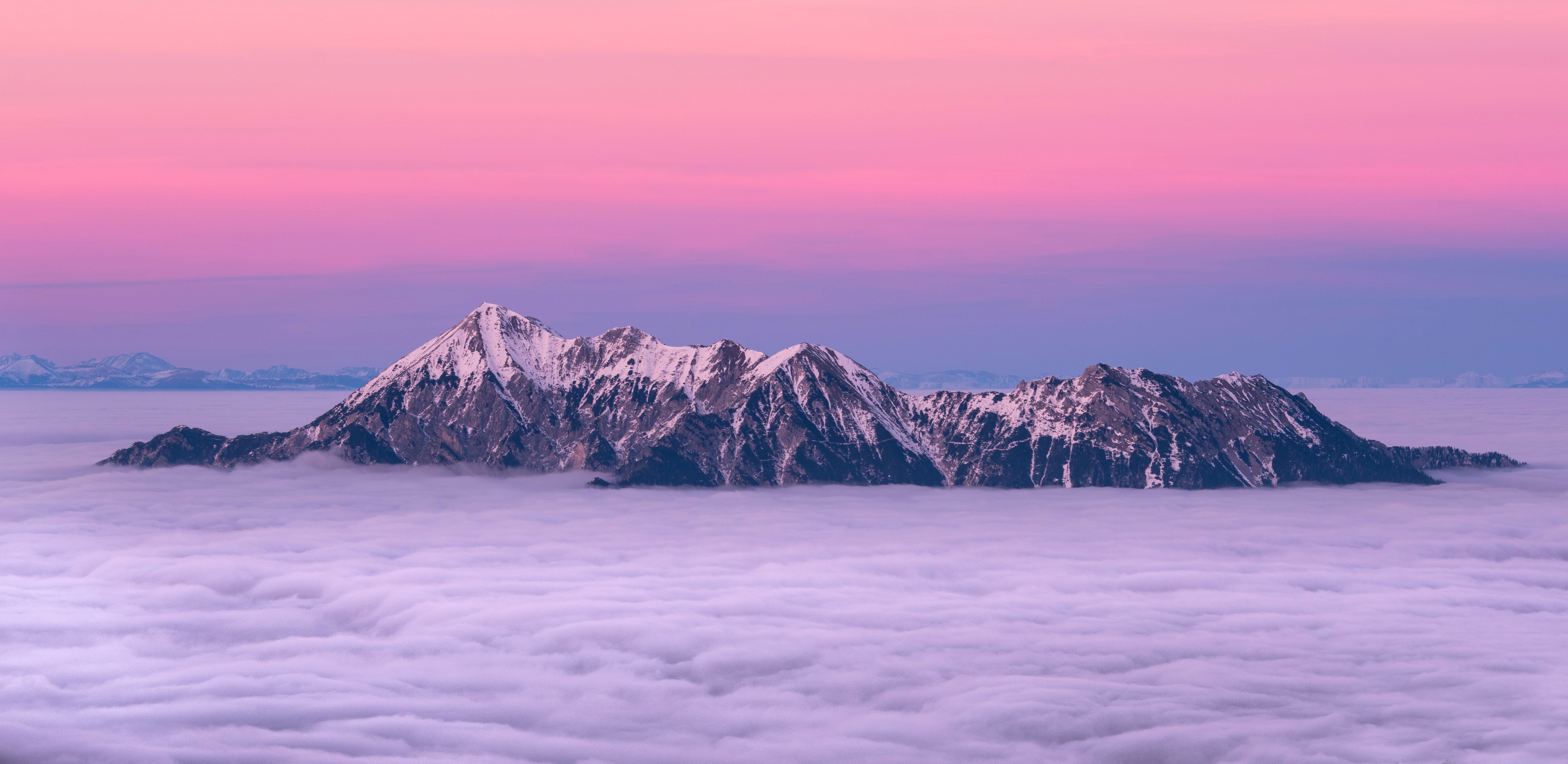 Wolkenmeer, Bergkette, Rosa Himmel, Sonnenaufgang, 6K, Hintergrundbild für den PC