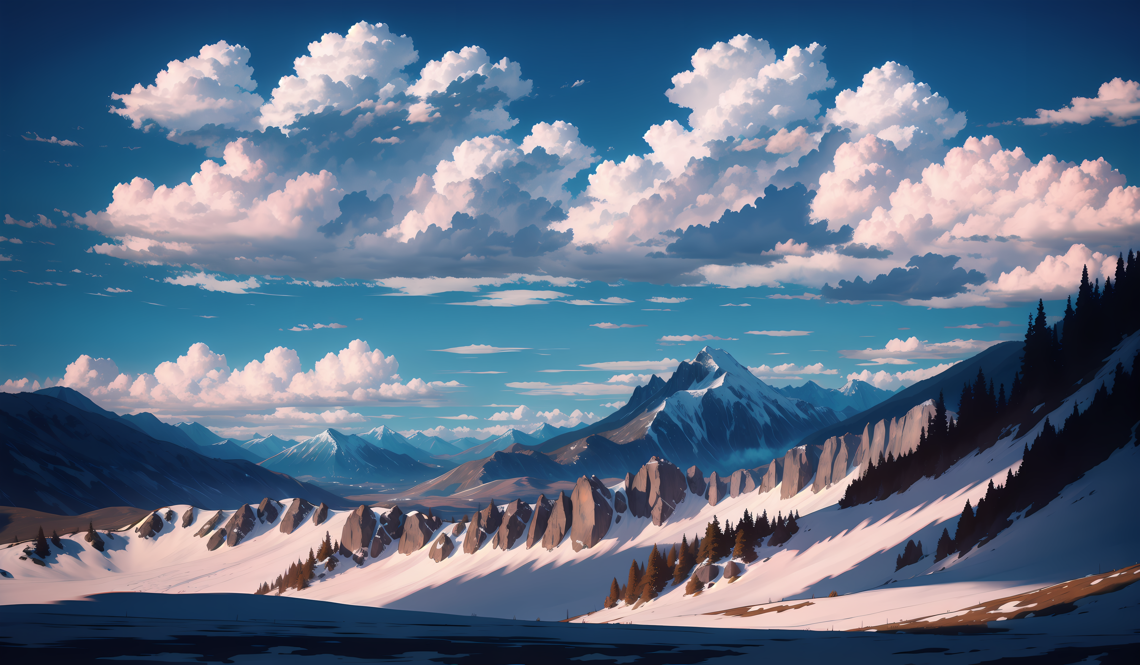 Digitale Malerei, Kumuluswolken, Gebirge, Schnee, Blauer Himmel, 4K, Windows-Hintergrundbild