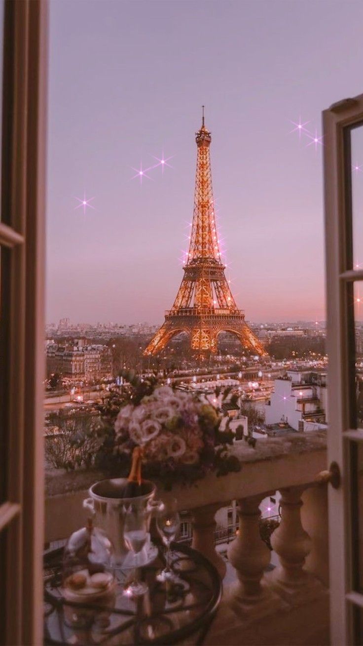 Eiffelturm, Paris, Fensterblick, Balkon, Blumen, Dämmerung, Sperrbildschirm fürs iPhone