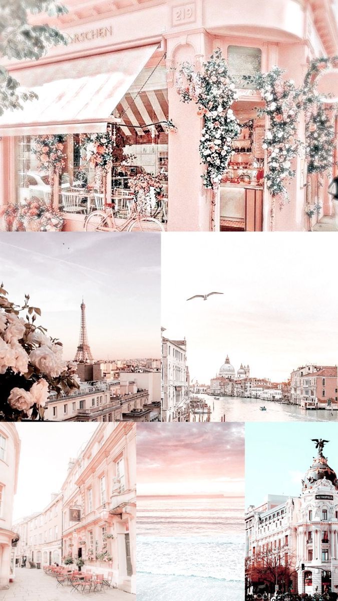 Paris, Collage, Rosa Töne, Café, Ästhetik, Pastell, Hochformat, Hintergrundbild fürs Smartphone