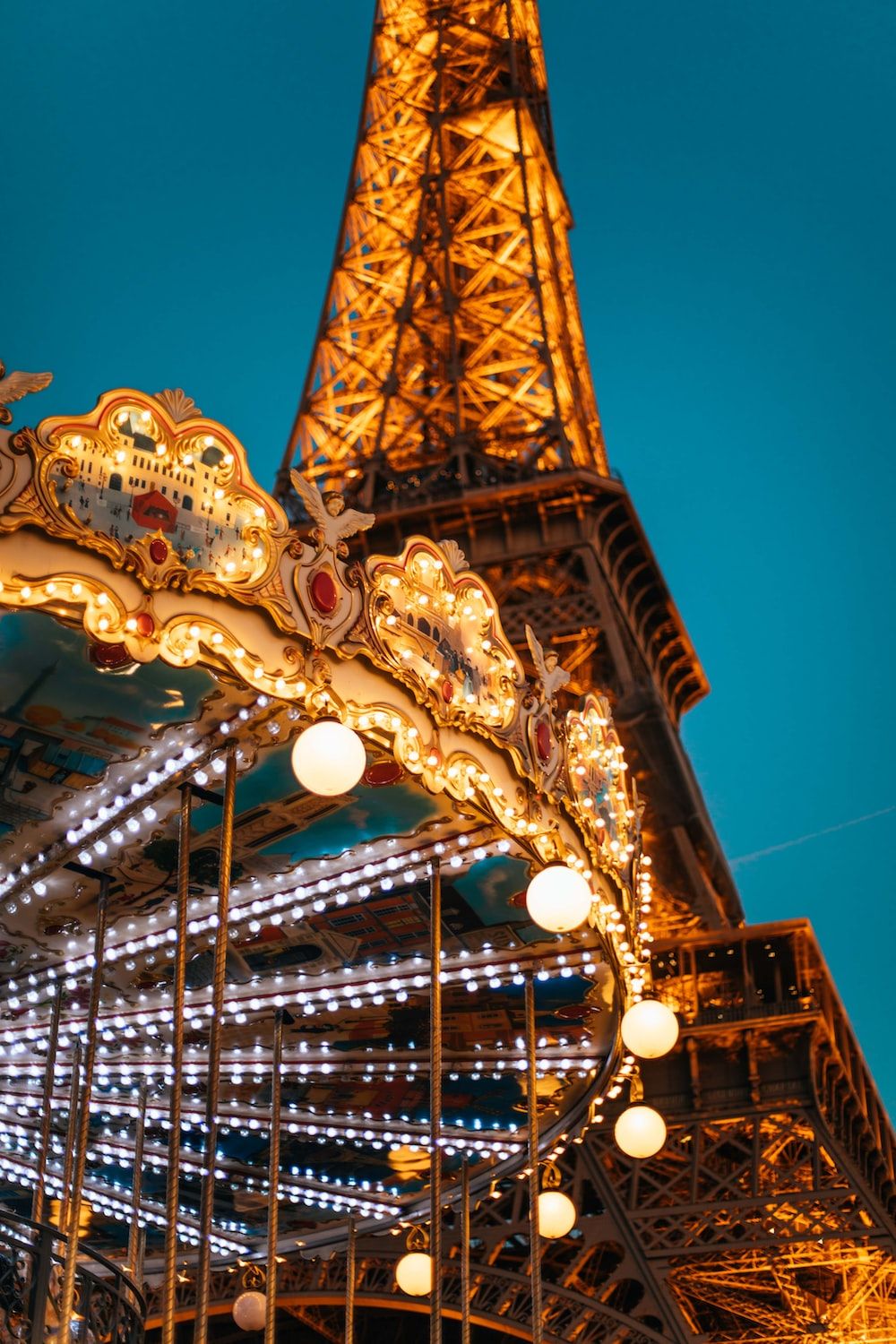 Eiffelturm, Paris, Karussell, Lichter, Nacht, Blauer Himmel, HD, Handy-Hintergrund