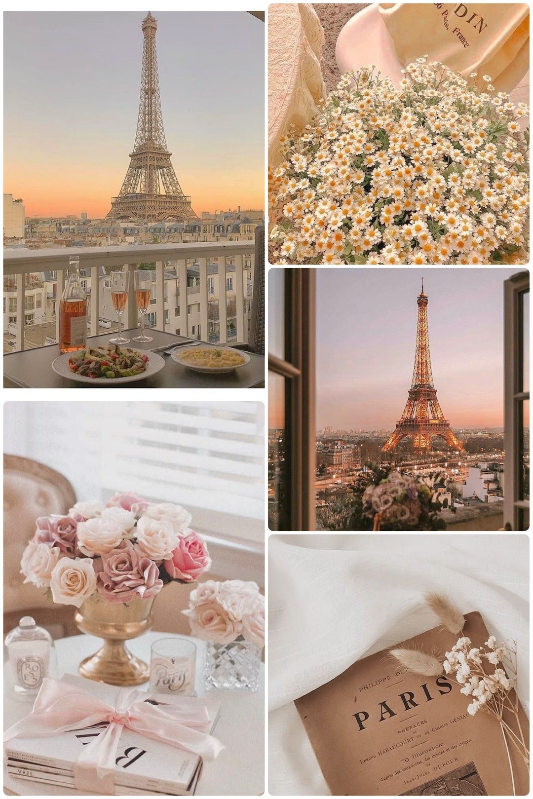 Paris, Eiffelturm, Collage, Macarons, Gänseblümchen, Ästhetik, Full HD, Tablet-Hintergrund