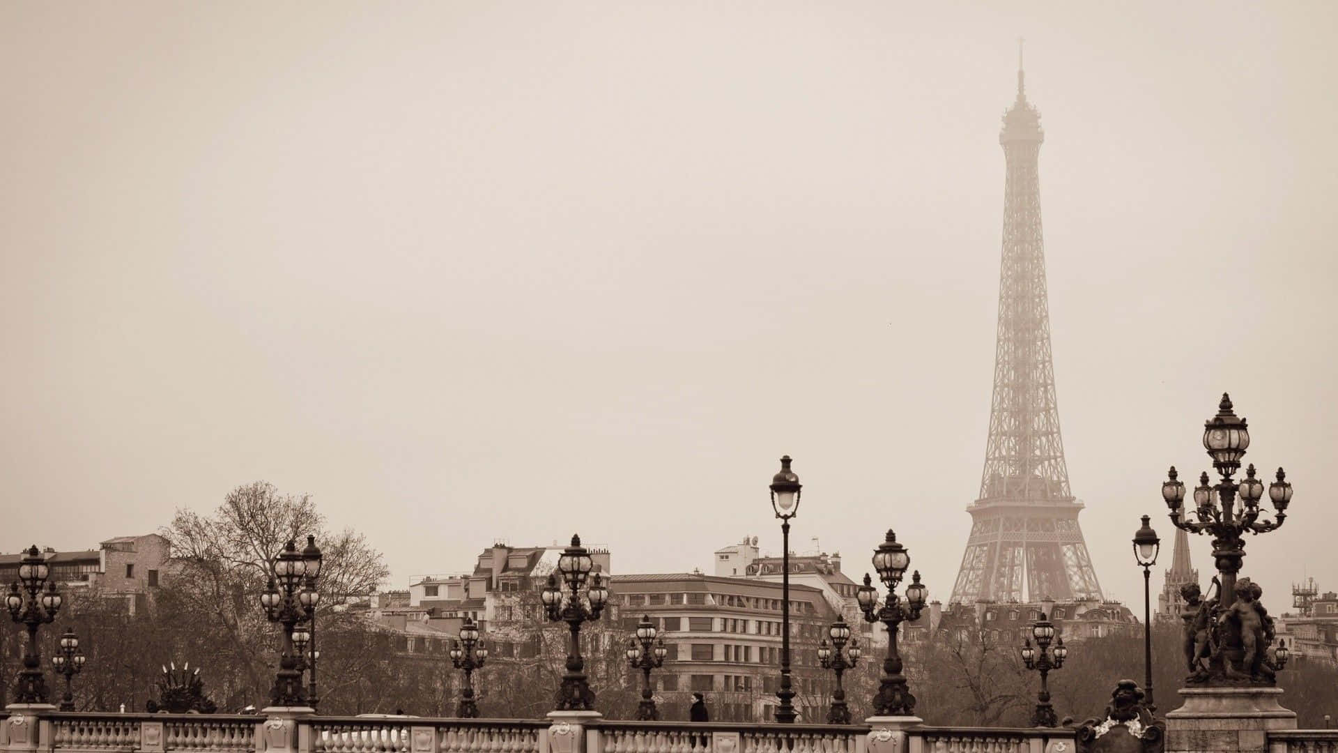 Pont Alexandre III, Eiffelturm, Paris, Laternen, Sepia, Nebel, Full HD, Laptop-Hintergrundbild