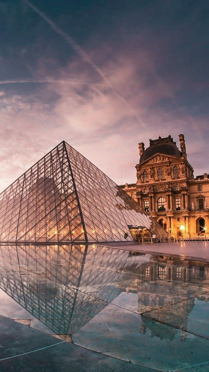 Louvre-Pyramide, Louvre, Paris, Spiegelung, Dämmerung, Glasarchitektur, HD, Handy-Hintergrundbild