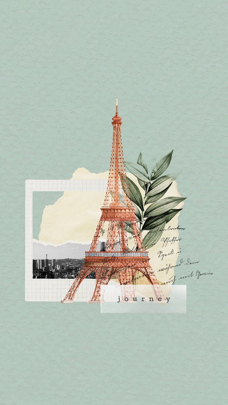Eiffelturm, Paris, Illustration, Polaroid, Mintgrüner Hintergrund, Blätter, Sperrbildschirm fürs iPhone