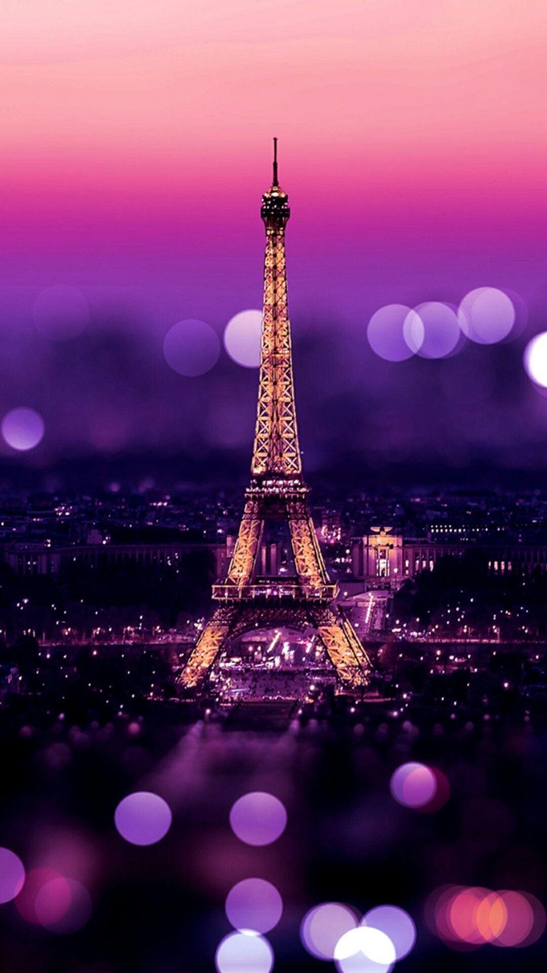 Eiffelturm, Paris, Bokeh, Lila Töne, Nacht, Stadtlichter, Full HD, Handy-Hintergrund