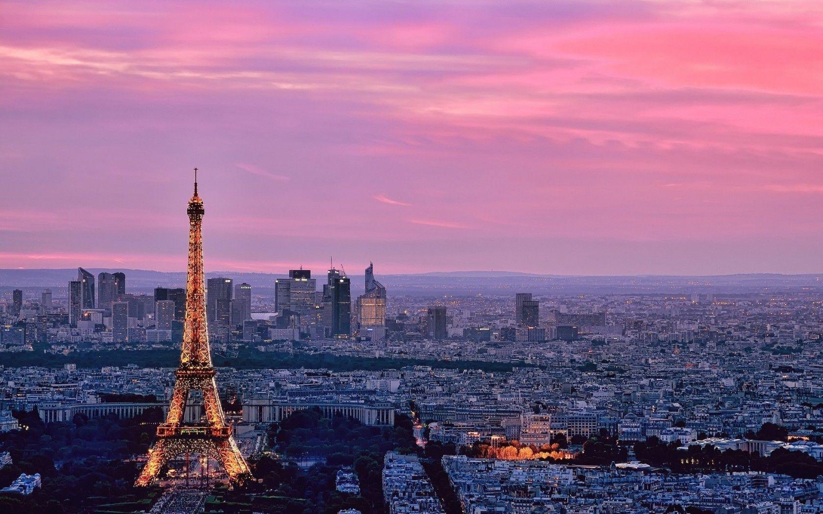 Eiffelturm, La Défense, Paris, Rosa Himmel, Sonnenuntergang, Stadtpanorama, HD, Breitbild-Hintergrundbild