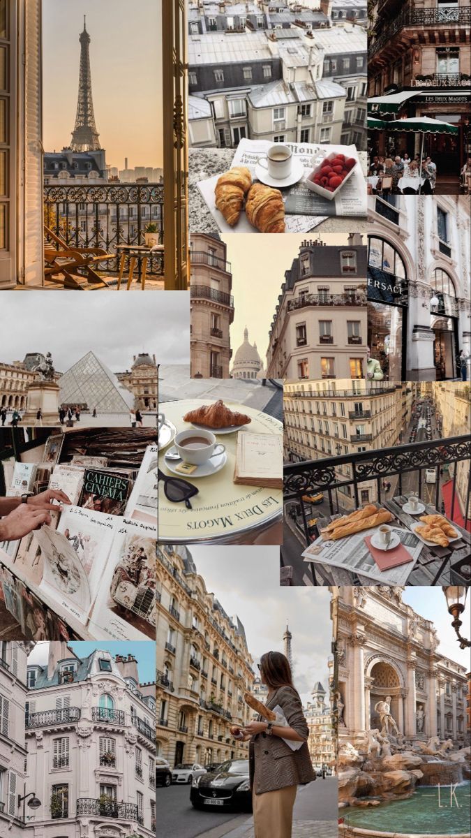 Paris, Eiffelturm, Collage, Café, Croissant, Ästhetik, Hintergrundbild für iPhone und Android