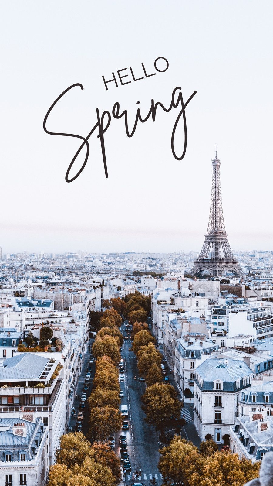Eiffelturm, Paris, Hello Spring, Schriftzug, Herbstbäume, Dächer, Android-Hintergrundbild