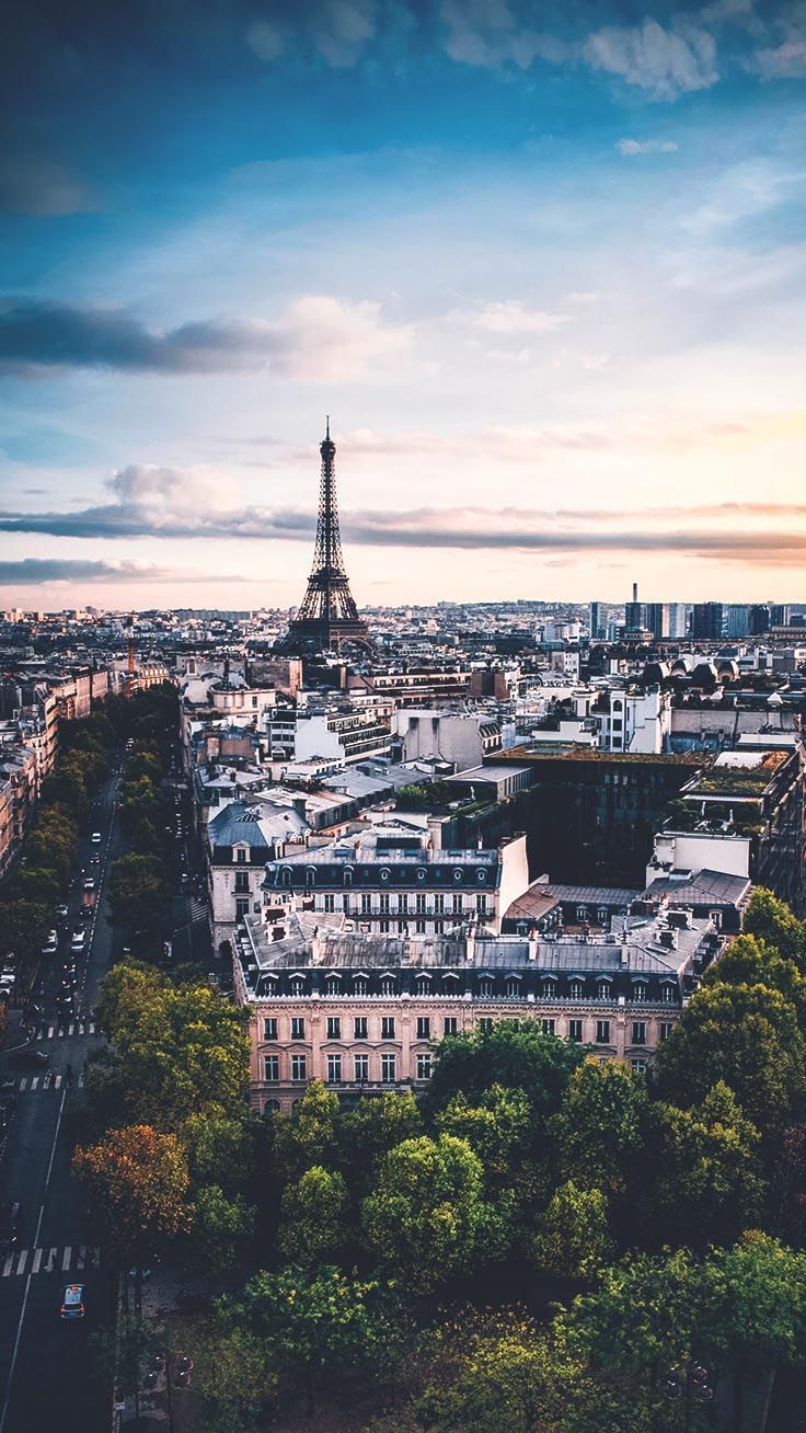 Eiffelturm, Paris, Stadtpanorama, Dächer, Bäume, Blauer Himmel, Hintergrundbild fürs Handy