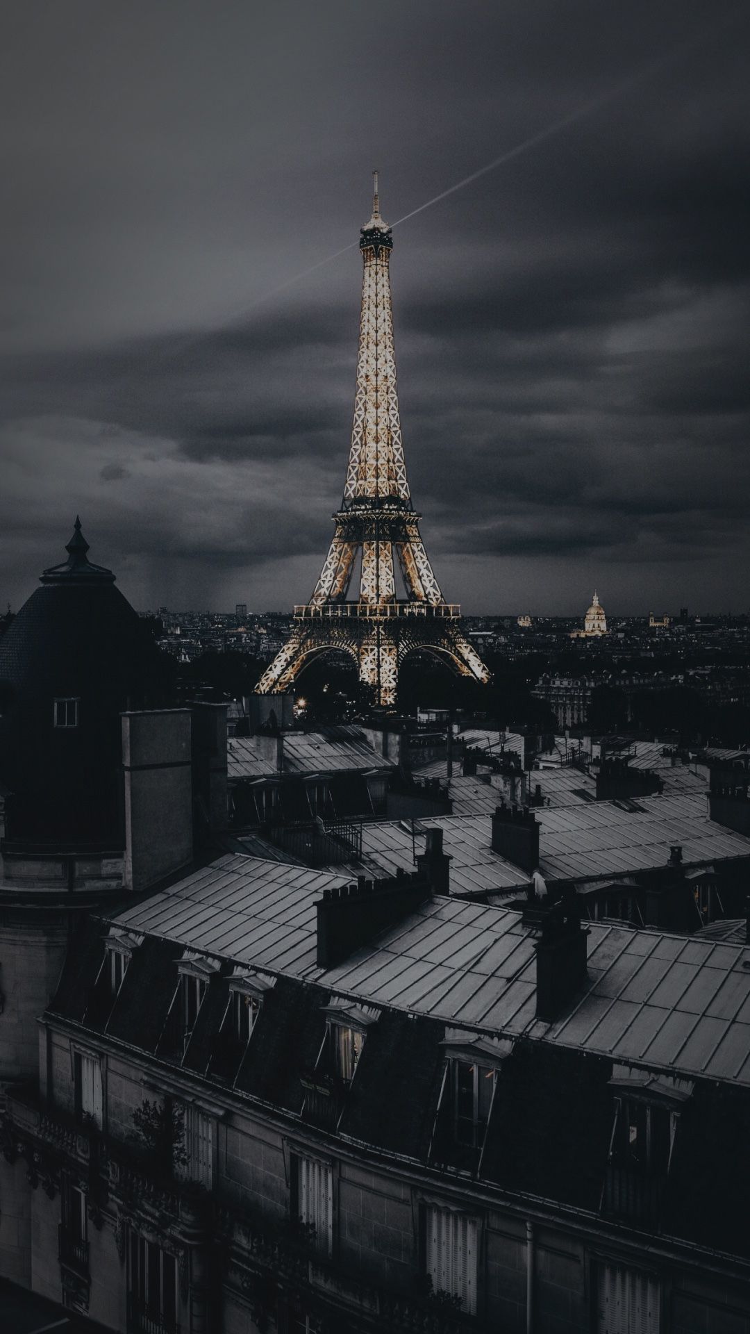 Eiffelturm, Paris, Dächer, Dunkle Töne, Bewölkter Himmel, Full HD, iPhone-Hintergrundbild