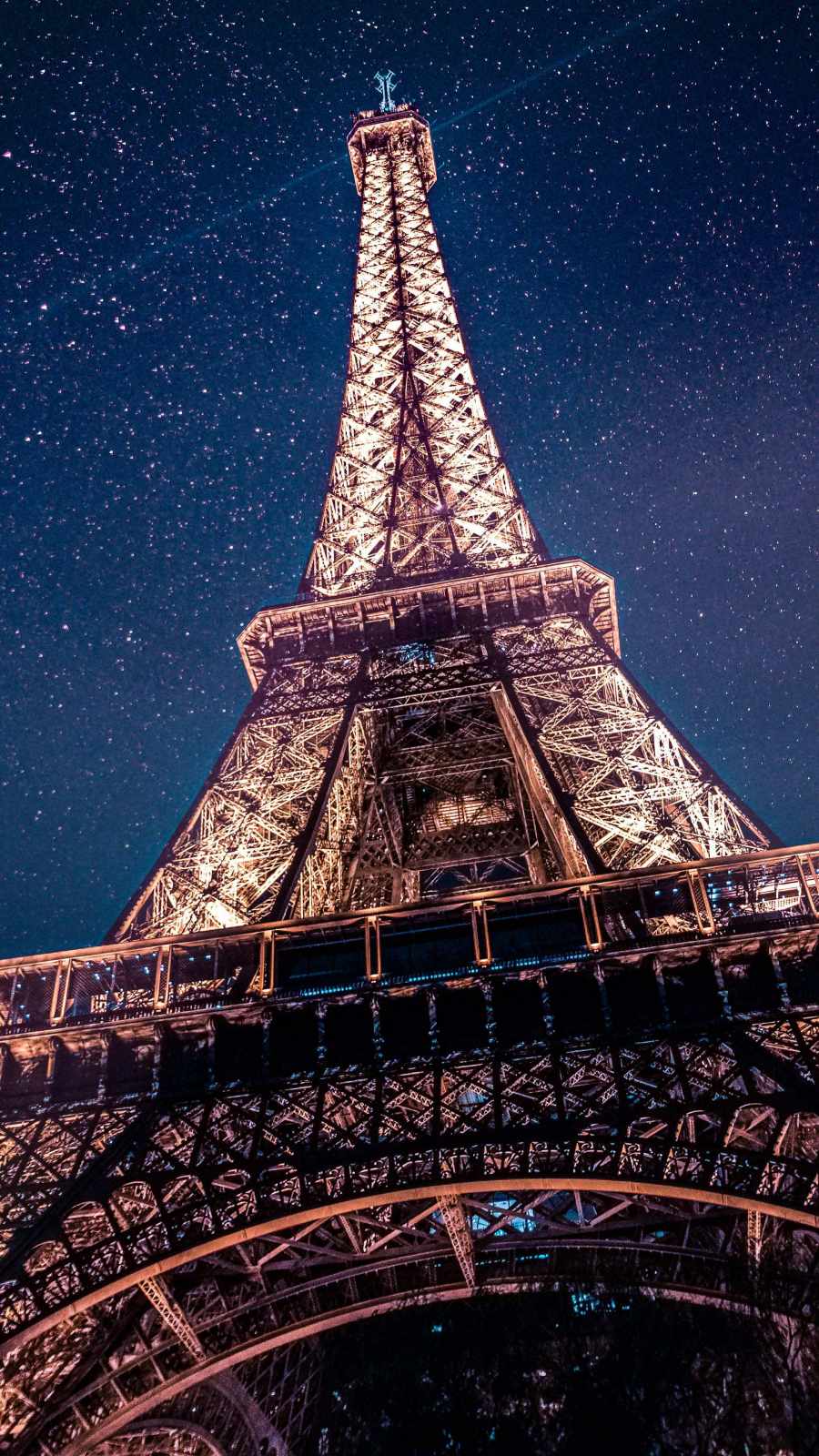 Eiffelturm, Paris, Sternenhimmel, Nacht, Beleuchtung, Froschperspektive, HD, Handy-Hintergrundbild