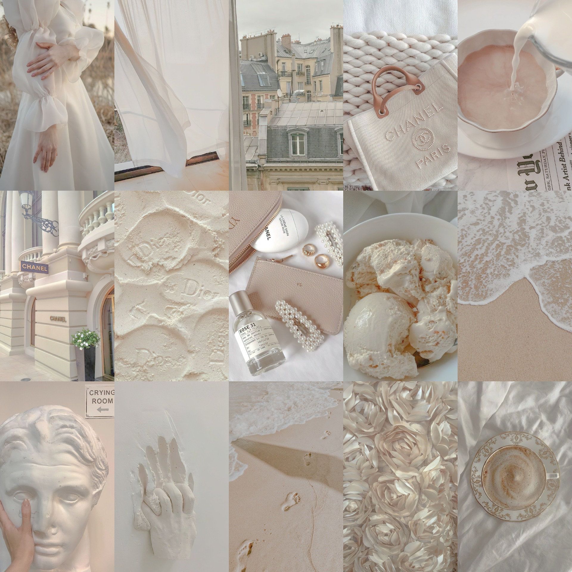 Collage, Antike Statue, Muscheln, Creme-Weiß, Ästhetik, Full HD, Hintergrundbild fürs Tablet
