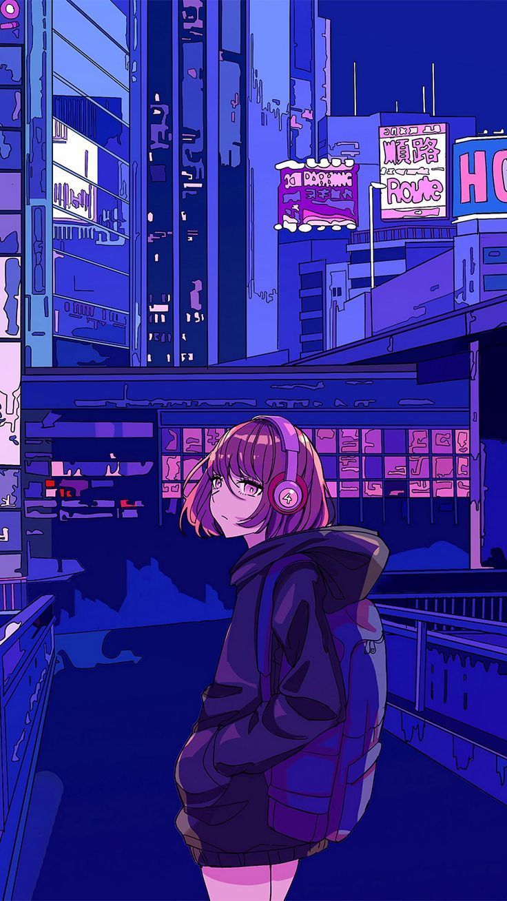 Anime-Mädchen, Stadt, Neonlichter, Lofi, Blau-Lila, HD, Handy-Hintergrund im Hochformat