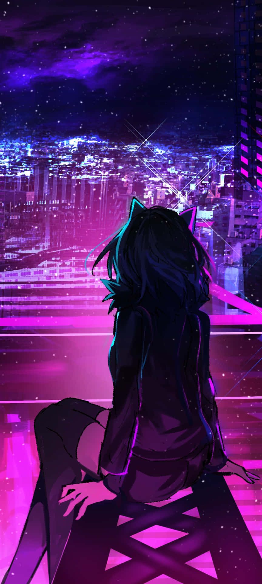 Anime-Mädchen, Stadtlichter, Rückenansicht, Pink, Lila, HD, Sperrbildschirm fürs iPhone